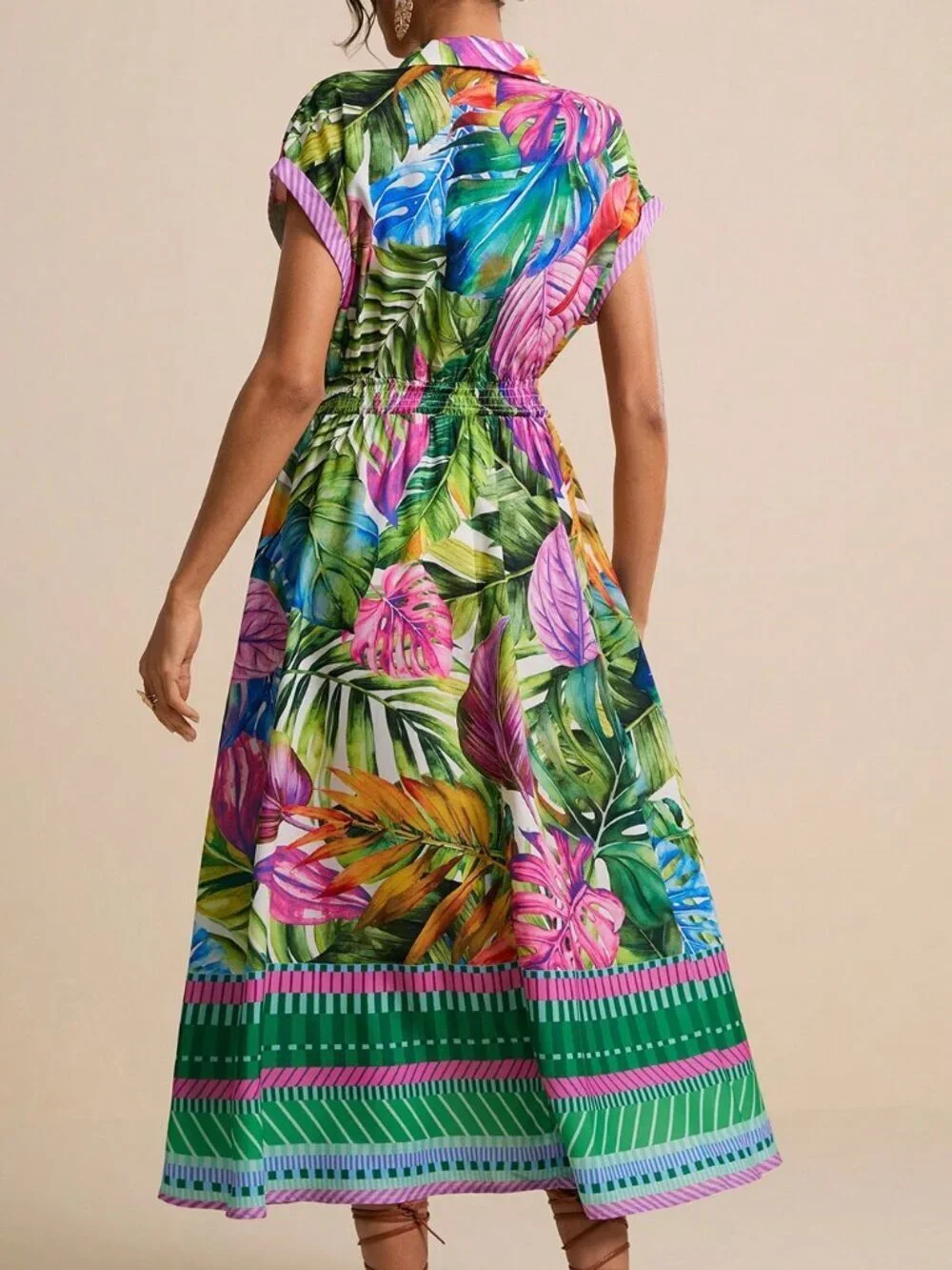 Green Boho Women's Collared Short Sleeve A-Line Dress with Drawstring Waist